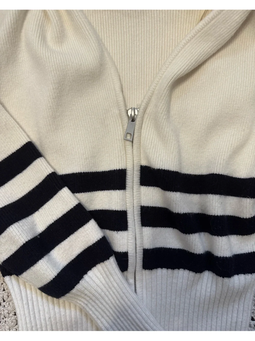 Zara Cream Zip Cardigan with Black Stripes - Picture 2 of 4